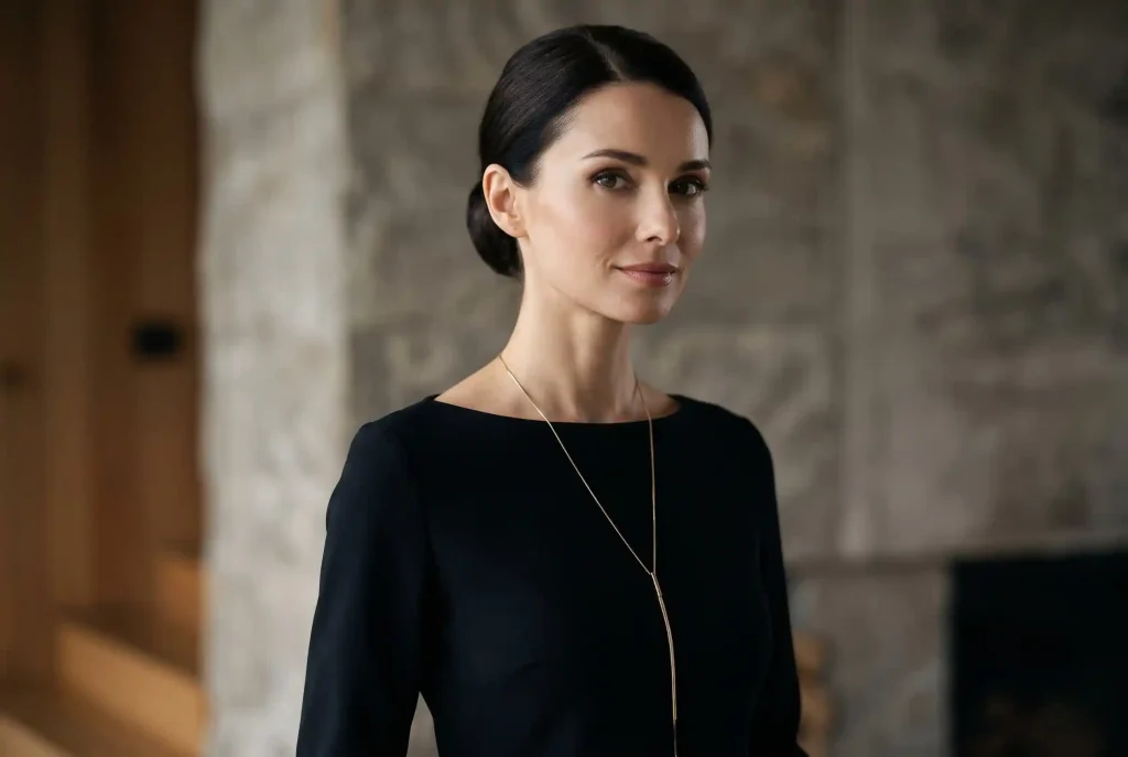Dekolt łódka — komu pasuje i jak go stylizować? Elegancka kobieta z upiętymi włosami prezentuje minimalistyczną stylizację z dekoltem łódka i długim naszyjnikiem, wysmuklającym sylwetkę.