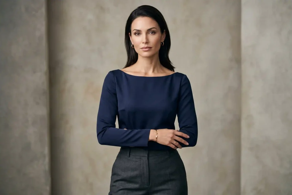 Dekolt łódka — komu pasuje i jak go stylizować? Elegancka kobieta w dopasowanej bluzce z dekoltem łódka, który subtelnie odsłania obojczyki i optycznie równoważy proporcje sylwetki.
