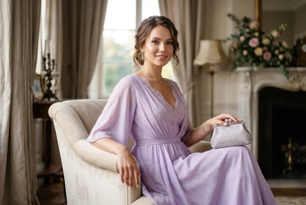 Jaki kolor pasuje do liliowego? Stylizacja, ubrania i dodatki – z czym łączyć kolor liliowy i komu pasuje ten fiolet? Portret eleganckiej kobiety siedzącej w luksusowym wnętrzu przy kominku, ubranej w długą liliową sukienkę z koronkowym dekoltem, trzymającej na kolanach błyszczącą srebrną kopertówkę.