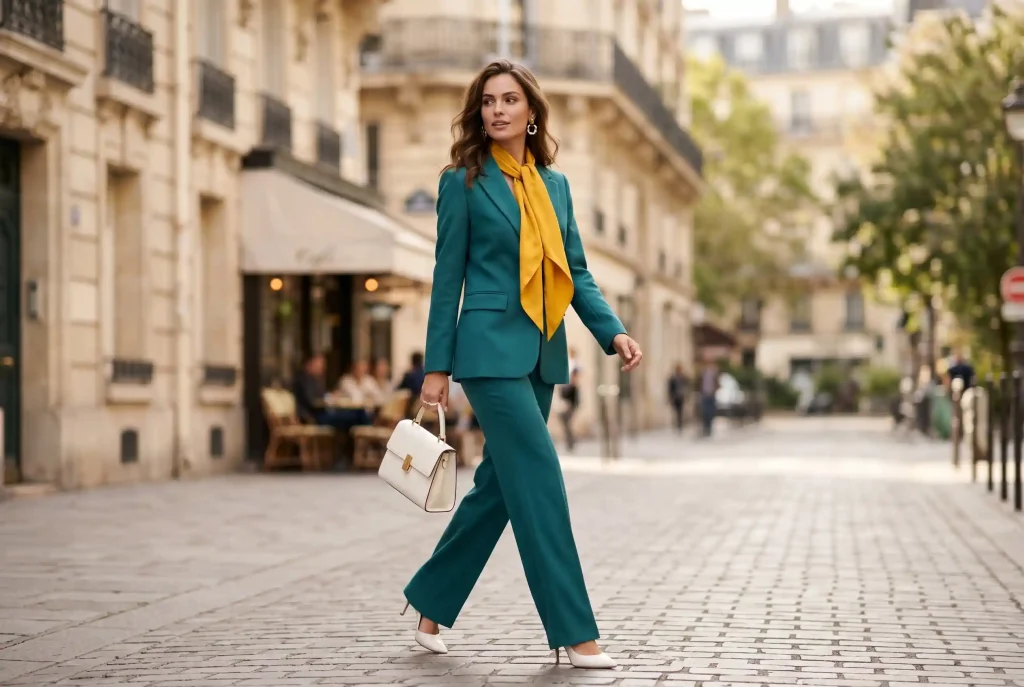 Jaki kolor pasuje do morskiego? Ubrania w kolorze morskim w najnowszych trendach Modelka w eleganckim garniturze w odcieniu morskiej zieleni z kontrastującym żółtym szalem, co doskonale ilustruje, jaki kolor pasuje do morskiego w nowoczesnej i dynamicznej modzie.