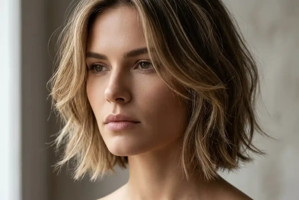 Jak dobrać krótką fryzurę do kształtu twarzy? Fryzura a kształt twarzy – komu pasują krótkie cięcia (Pixie Cut)? Ultra-realistyczny portret modowy kobiety o kwadratowym kształcie twarzy z dłuższą krótką fryzurą typu bob, pokazujący jak wycieniowane końcówki i miękkie pasma skutecznie łagodzą mocne rysy żuchwy.