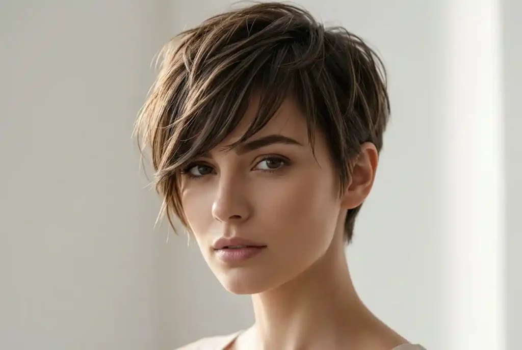 Jak dobrać krótką fryzurę do kształtu twarzy? Fryzura a kształt twarzy – komu pasują krótkie cięcia (Pixie Cut)? Zdjęcie przedstawia portret modowy kobiety z precyzyjnie wystylizowaną, krótką fryzurą typu pixie, w której uwage przyciąga gęsta, asymetryczna grzywka skutecznie korygująca proporcje twarzy.