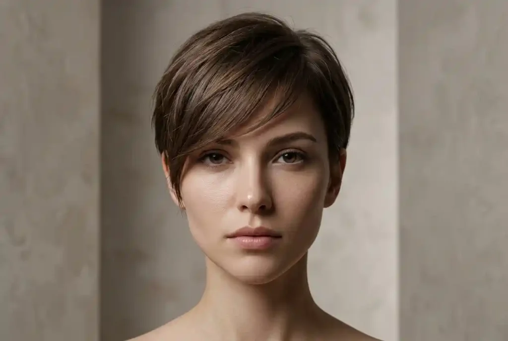 Jak dobrać krótką fryzurę do kształtu twarzy? Fryzura a kształt twarzy – komu pasują krótkie cięcia (Pixie Cut)? Ultra-realistyczne zdjęcie portretowe kobiety o twarzy w kształcie serca, prezentującej asymetryczną krótką fryzurę typu pixie cut z grzywką zaczesaną na bok, która optycznie zwęża czoło.