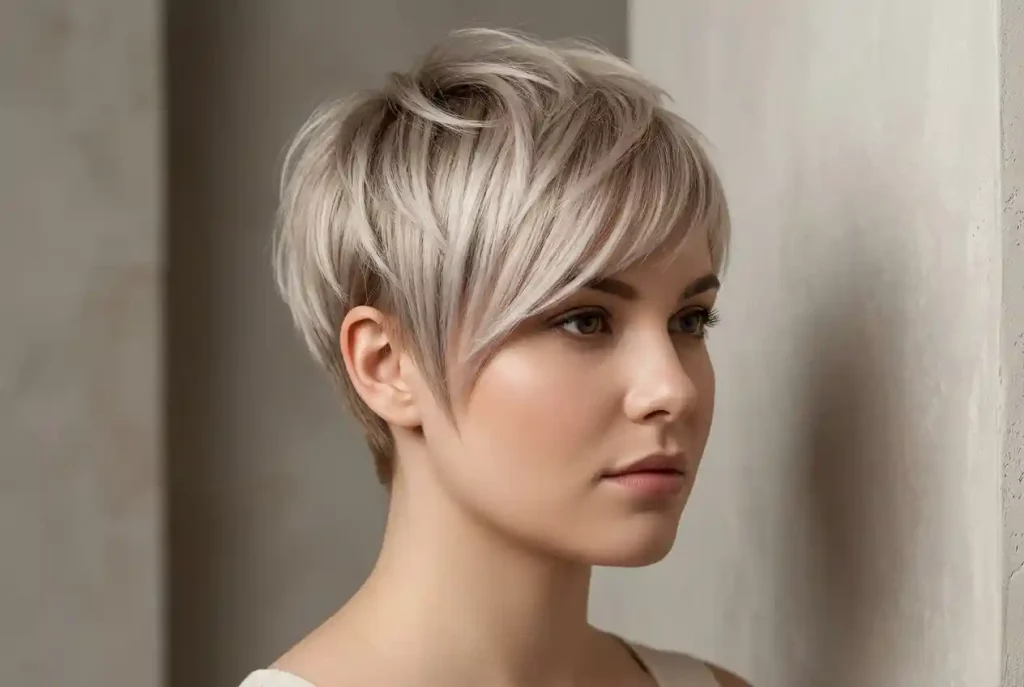 Jak dobrać krótką fryzurę do kształtu twarzy? Fryzura a kształt twarzy – komu pasują krótkie cięcia (Pixie Cut)? Ultra-realistyczny portret kobiety o okrągłej twarzy prezentującej asymetryczną krótką fryzurę z delikatną grzywką zaczesaną na bok, która optycznie wysmukla twarz.