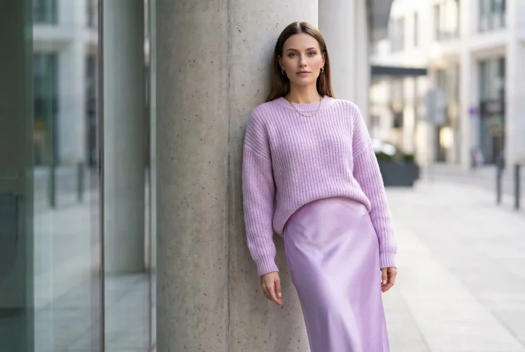 Jaki kolor pasuje do liliowego? Stylizacja, ubrania i dodatki – z czym łączyć kolor liliowy i komu pasuje ten fiolet? Modelka w eleganckim, liliowym total looku łączy gruby, matowy pastelowy sweter z połyskującą satynową spódnicą, prezentując jak wykorzystać kontrast fakturowy w tej stylizacji, aby wyglądać oryginalnie i profesjonalnie.