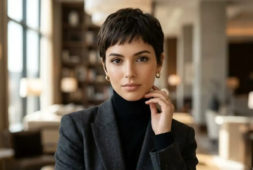 Jak dobrać krótką fryzurę do kształtu twarzy? Fryzura a kształt twarzy – komu pasują krótkie cięcia (Pixie Cut)? Ultra-realistyczny portret modowy kobiety o owalnym kształcie twarzy i dużych oczach, prezentującej klasyczną, krótką fryzurę pixie cut z grzywką odsłaniającą czoło.