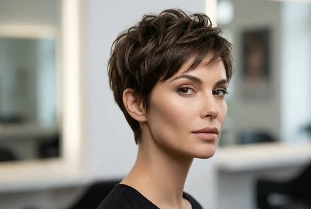 Jak dobrać krótką fryzurę do kształtu twarzy? Fryzura a kształt twarzy – komu pasują krótkie cięcia (Pixie Cut)? Profesjonalny portret modowy kobiety o owalnej twarzy z krótką fryzurą pixie cut, która mierzy odległość od ucha do żuchwy, co obrazuje matematyczną regułę doboru ostrego cięcia.