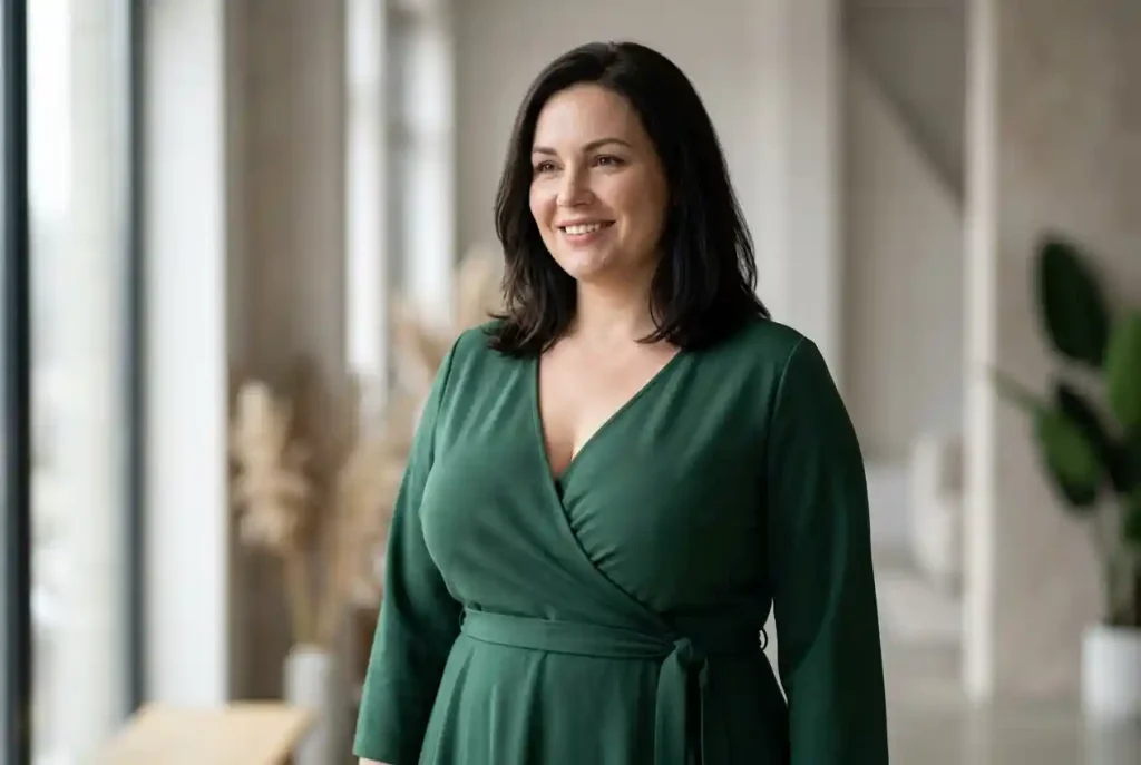 Idealna sukienka na duży biust: modne sukienki na wesele plus size i fason dla puszystych pań z dużym biustem Elegancka kobieta o pełniejszych kształtach w idealnie dopasowanej sukience, która naturalnie podkreśla talię i wspiera naturalne krzywizny kobiecego ciała z dużym biustem.