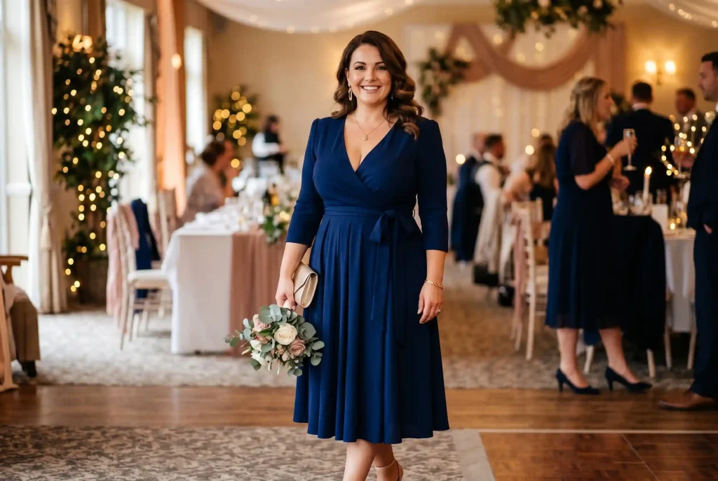 Idealna sukienka na duży biust: modne sukienki na wesele plus size i fason dla puszystych pań z dużym biustem Elegancka kobieta plus size w granatowej sukience kopertowej, prezentująca zjawiskowe sukienki plus size na wesele dla dużego biustu w luksusowej sali balowej