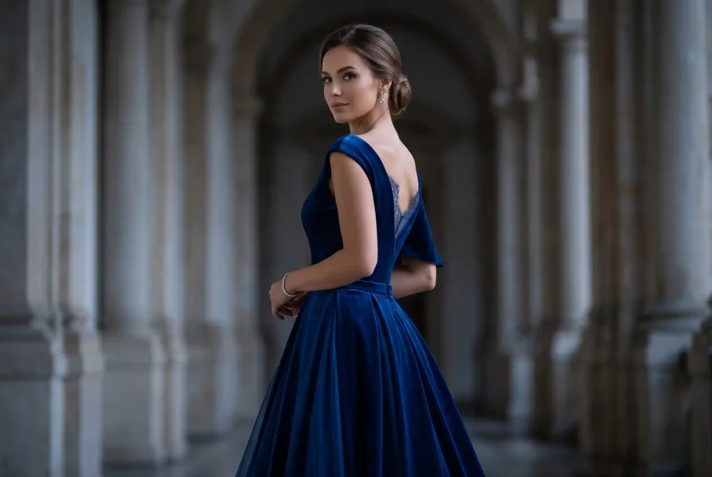 Dekolt łódka — komu pasuje i jak go stylizować? Elegancka kobieta w zjawiskowej niebieskiej aksamitnej sukience wieczorowej z dekoltem w łódkę na plecach, stojąca w zabytkowych krużgankach.