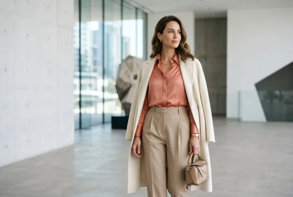 Jaki kolor pasuje do łososiowego? Modny kolor łososiowy w modzie – komu pasuje i jak dobrać dodatki Elegancka kobieta w minimalistycznej stylizacji, która doskonale prezentuje, z czym łączyć kolor łososiowy, wykorzystując klasyczną biel i beż jako idealne kolory bazowe.