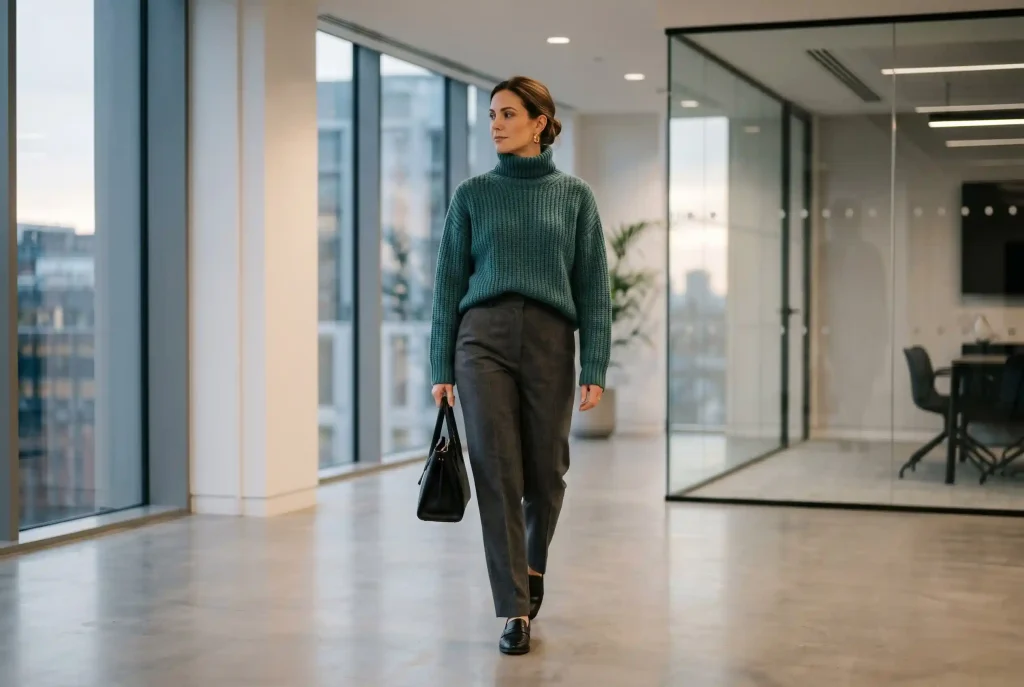 Jaki kolor pasuje do morskiego? Ubrania w kolorze morskim w najnowszych trendach Elegancka modelka w biurowej stylizacji łączącej gruby wełniany sweter z klasycznymi szarymi spodniami, co stanowi doskonały przykład na to, z czym nosić morski odcień, by zachować klasę i profesjonalizm.