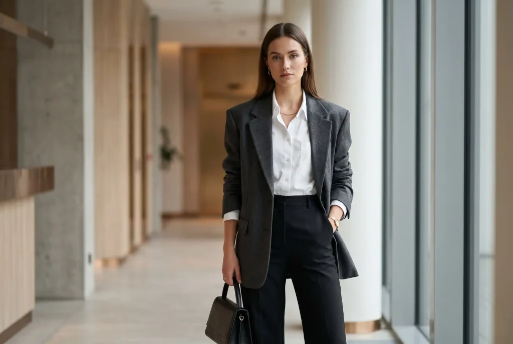 Smart casual — co to znaczy i jak nosić ten styl? Ultra-realistyczne zdjęcie modowe przedstawiające elegancką kobietę ubraną w marynarkę oversize, białą koszulę i cygaretki z podwyższonym stanem, ilustrujące kluczowe elementy damskiej garderoby w stylu smart casual i estetyce cichego luksusu.