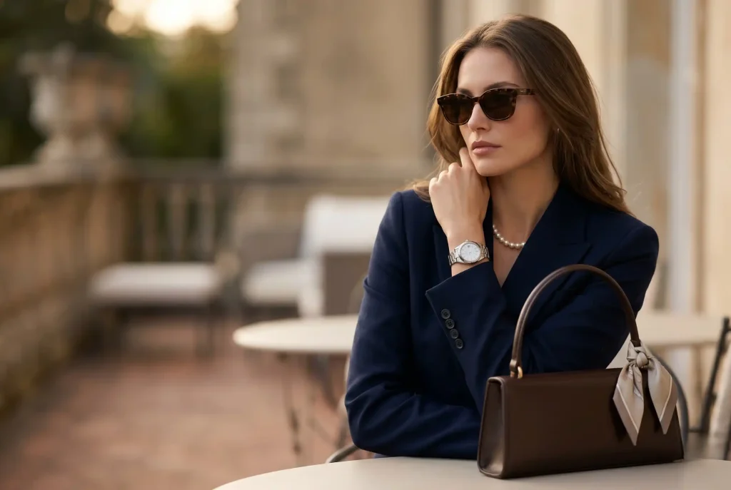 Old money style — jak się ubierać? Kompletny przewodnik Profesjonalny portret kobiety w stylu old money, prezentującej klasyczny zegarek, sznur pereł i szylkretowe okulary przeciwsłoneczne jako kluczowe dodatki, ilustrujący powściągliwą elegancję.