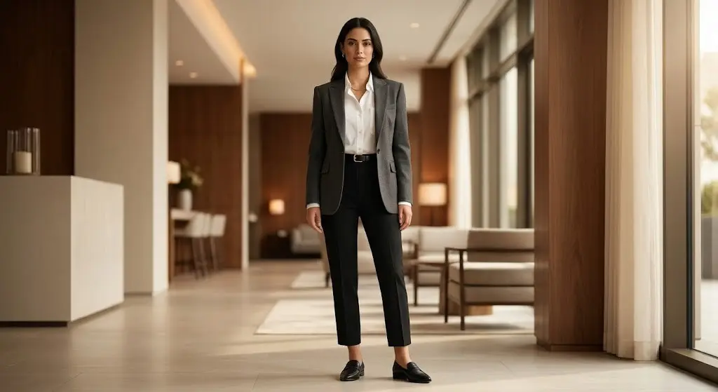 Smart casual — co to znaczy i jak nosić ten styl? Ultra-realistyczne zdjęcie modowe przedstawiające jedną kobietę w idealnie taliowanym żakiecie i spodniach z wysokim stanem, co doskonale ilustruje, jak dopasować styl smart casual do proporcji sylwetki typu klepsydra.