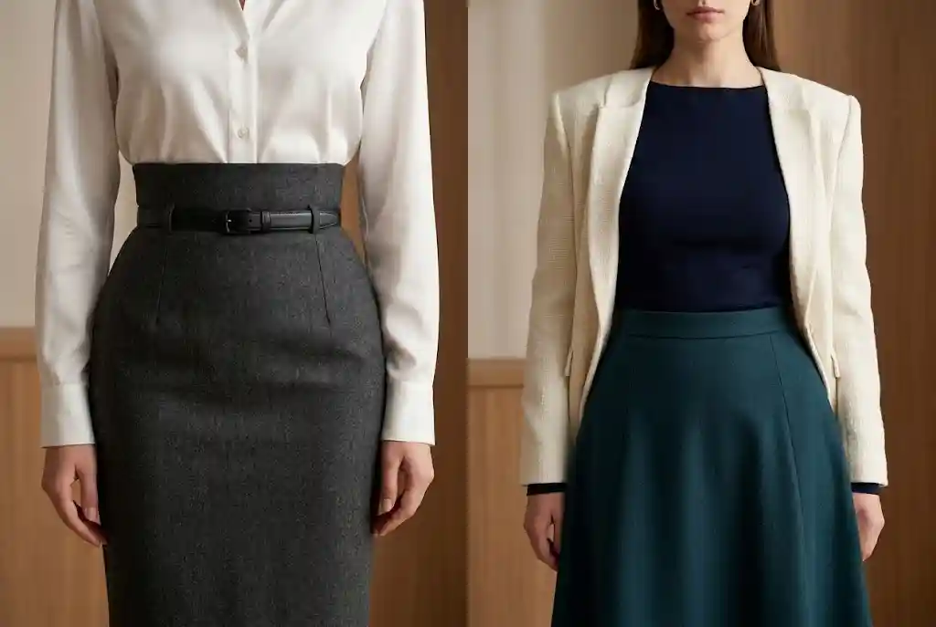 Stylizacje do pracy — co nosić do biura każdego dnia? Dwie profesjonalne kobiety w biurowych stylizacjach – sukience kopertowej i szerokich spodniach palazzo – które doskonale ilustrują, jak prawidłowe dopasowanie stylizacji do sylwetki buduje wizerunek premium.