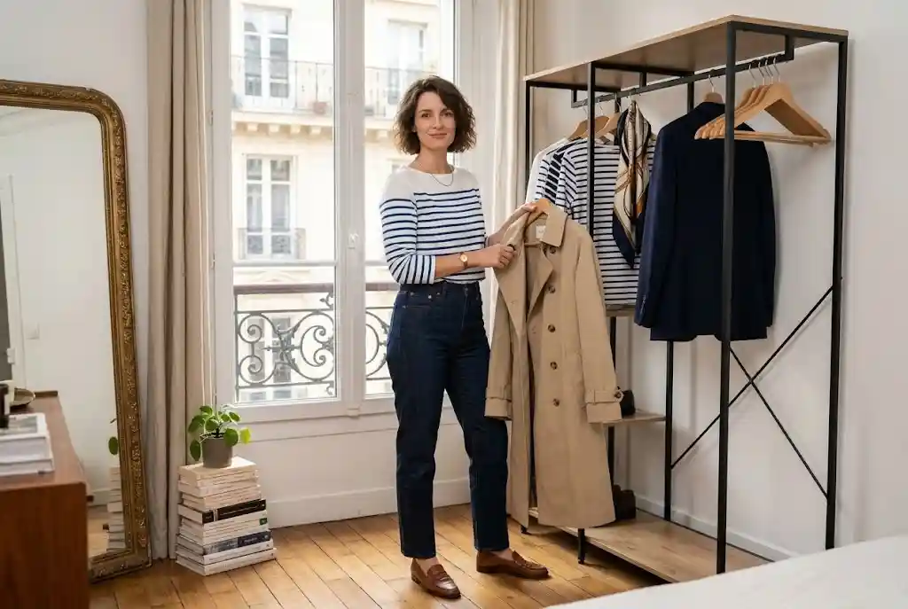 Styl francuski — jak go osiągnąć bez wydawania fortuny? Elegancka kobieta w klasycznej bluzce w paski i ciemnych jeansach na tle wieszaka z ponadczasowymi ubraniami, która idealnie obrazuje, co powinna zawierać francuska szafa kapsułowa.