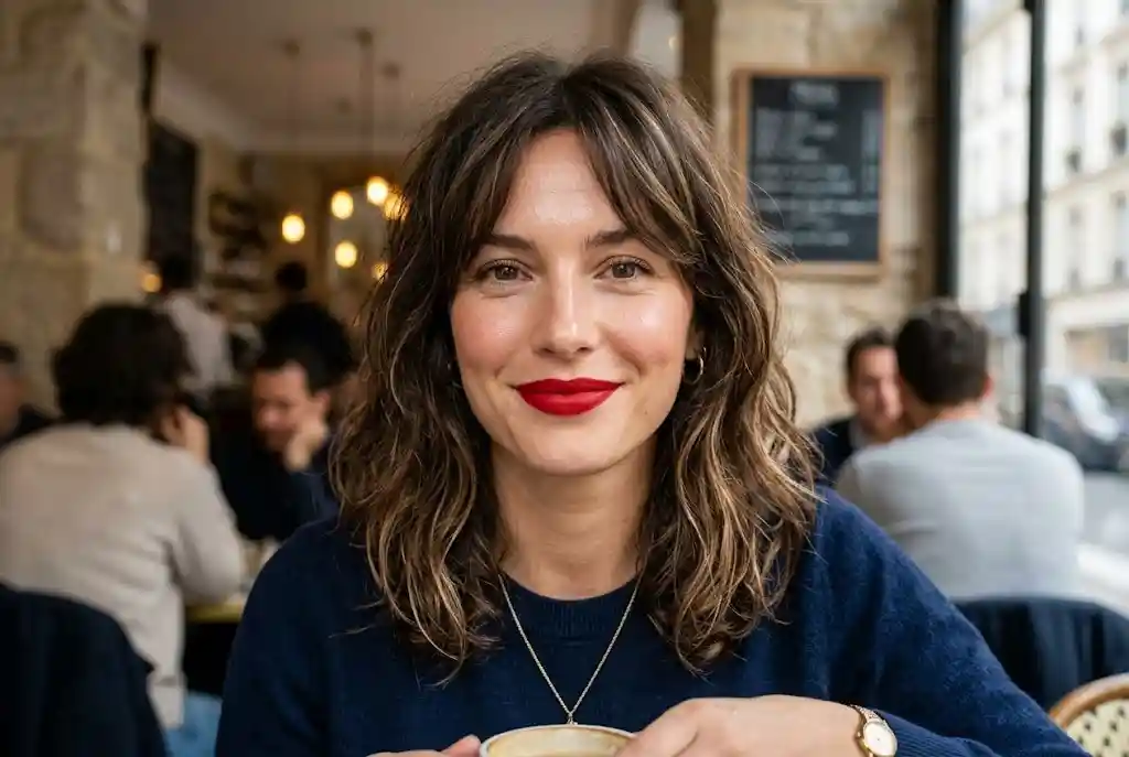 Styl francuski — jak go osiągnąć bez wydawania fortuny? Portret kobiety z nonszalancką, pofalowaną fryzurą do ramion i świetlistą cerą w stylu no-makeup makeup, z wyraźnym akcentem czerwonej szminki, co idealnie definiuje luksusową estetykę french girl hair i paryskiego podejścia do urody.