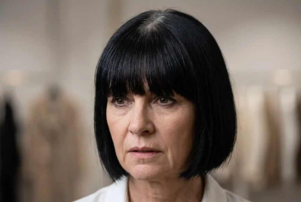 Odmładzające krótkie fryzury damskie — przegląd stylistki Ultra-realistyczny portret dojrzałej kobiety po 50. roku życia z ciężką, jednolitą fryzurą, płaską grzywką na linii brwi i sztywną teksturą włosów, która ilustruje omawiane w artykule błędy, jakich należy unikać, aby nie dodać sobie lat.