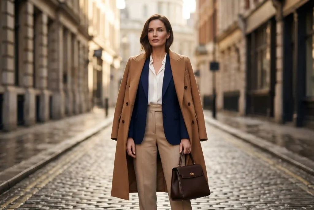 Old money style — jak się ubierać? Kompletny przewodnik Ultra-realistyczne zdjęcie modowe editorial przedstawiające kobietę w klasycznym płaszczu camel, granatowym blezerze i z luksusową strukturalną torebką, ilustrujące główne elementy garderoby kapsułowej w duchu old money na tle starej architektury.