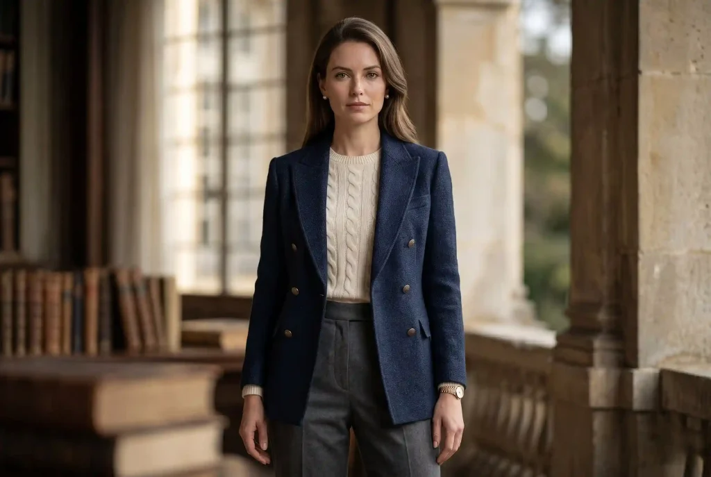 Old money style — jak się ubierać? Kompletny przewodnik Elegancka kobieta w granatowej marynarce bez widocznego logo, kremowym swetrze i szarych spodniach stoi na tarasie biblioteki, ilustrując główne zasady stylu old money style, takie jak nienaganny krój i najwyższa jakość tkanin.