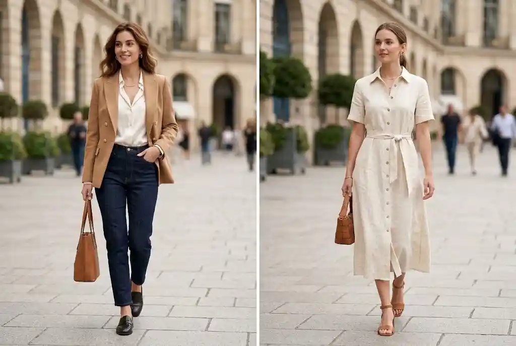 Stylizacje do pracy — co nosić do biura każdego dnia? Zestawienie dwóch gotowych stylizacji do pracy, obejmujące zestaw smart casual z karmelową marynarką oraz letnią, lnianą szmizjerkę, które wspólnie obrazują zasadę polished casual.