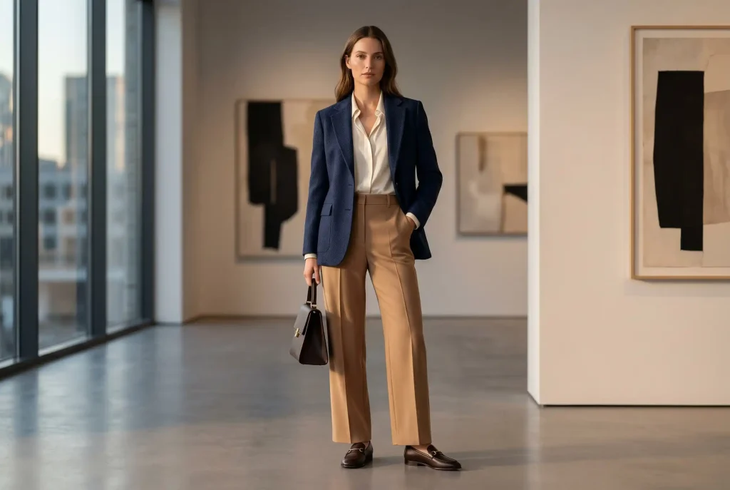 Smart casual — co to znaczy i jak nosić ten styl? Ultra-realistyczne zdjęcie modowe przedstawiające kobietę w marynarce, jedwabnej bluzce i szerokich spodniach w kant, prezentującą gotowe stylizacje smart casual idealne do pracy lub na kolację.