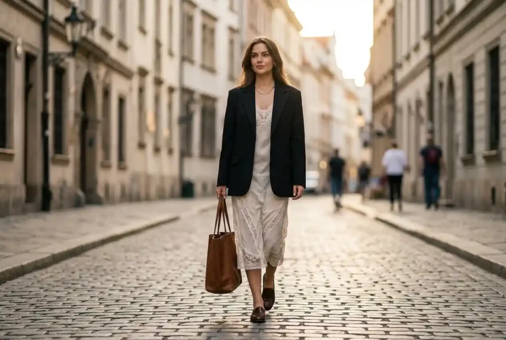 Style ubioru — przegląd wszystkich stylów w modzie Kobieta na miejskiej ulicy w stylizacji łączącej klasyczną marynarkę z sukienką boho, co idealnie obrazuje, jak indywidualny styl ubioru pozwala na miksowanie różnych baz i trendów.