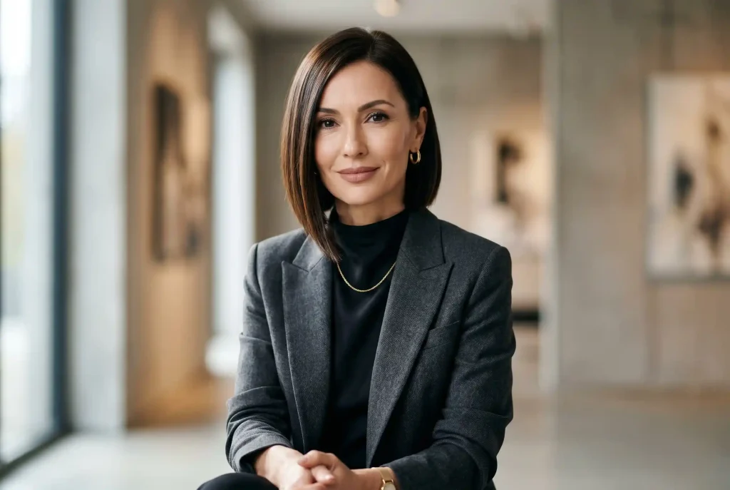 Fryzury odmładzające po 40 — krótkie i półkrótkie cięcia Elegancka uśmiechnięta kobieta z perfekcyjnie ułożonymi włosami, prezentująca klasycznego boba, który stanowi doskonały przykład odmładzającej fryzury po 40.