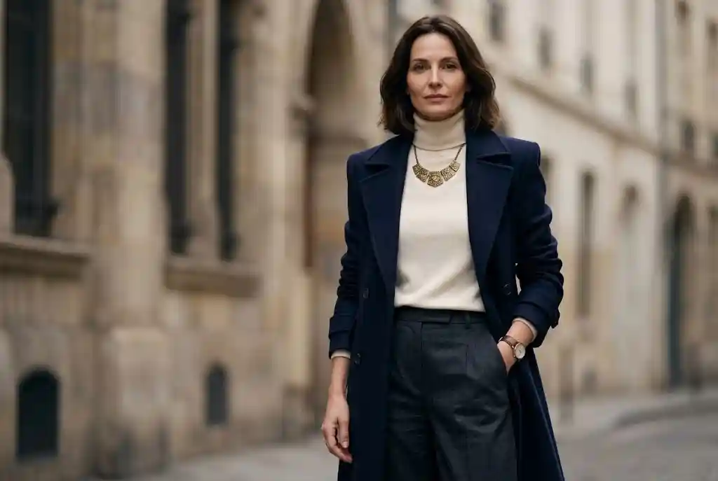 Style ubioru — przegląd wszystkich stylów w modzie Zdjęcie portretowe kobiety w dopasowanym płaszczu i swetrze z kaszmiru, prezentującej autentyczny i trwały styl ubioru, niezależny od chwilowych trendów.