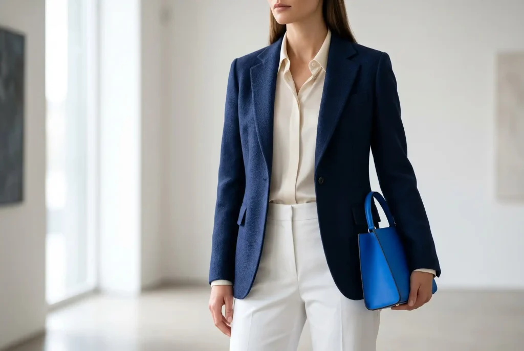 Smart casual — co to znaczy i jak nosić ten styl? Ultra-realistyczne zdjęcie modowe przedstawiające kobietę w granatowej marynarce z wełny, jedwabnej bluzce ecru i białych spodniach, ilustrujące stonowaną kolorystykę i naturalne tkaniny premium pasujące do stylu smart casual, przełamane akcentem w kolorze electric blue.