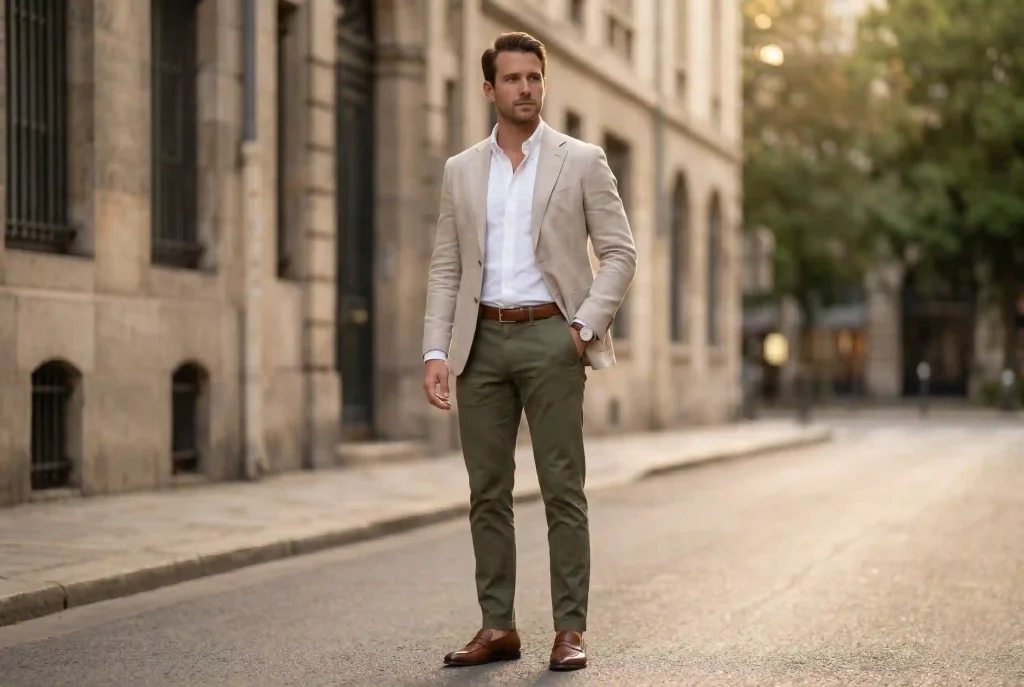Smart casual — co to znaczy i jak nosić ten styl? Ultra-realistyczne zdjęcie modowe przedstawiające eleganckiego mężczyznę ubranego w sportową marynarkę, koszulę oxford bez krawata, chinosy oraz skórzany pasek i zegarek, idealnie ilustrujące zasady męskiego stylu smart casual.