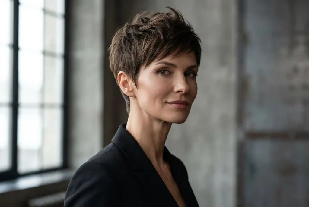 Odmładzające krótkie fryzury damskie — przegląd stylistki Ultra-realistyczny portret modowy dojrzałej kobiety z nowoczesną, teksturowaną fryzurą typu choppy pixie cut, która odsłania szyję i podkreśla kości policzkowe, ilustrując naturalny efekt liftingu twarzy. To idealny przykład tego, jak odmładzające krótkie fryzury damskie unoszą rysy.