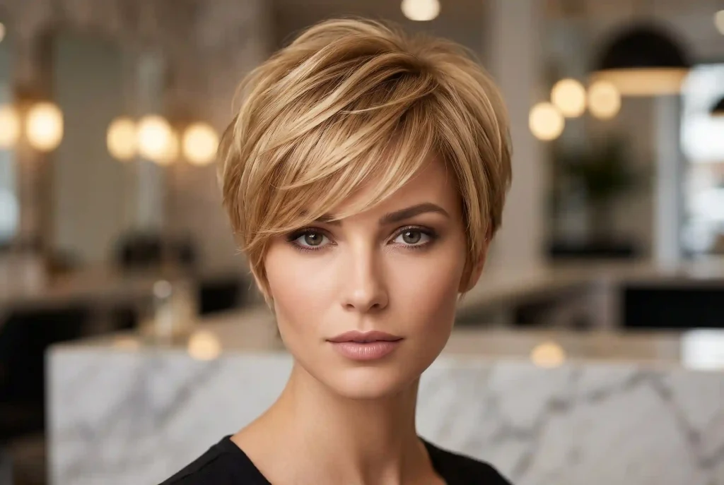 Odmładzające krótkie fryzury damskie — przegląd stylistki Ultra-realistyczny portret dojrzałej, eleganckiej kobiety z precyzyjnie cieniowaną fryzurą pixie w odcieniu miodowego blondu, prezentujący, jak dobrać krótką fryzurę do owalnego kształtu twarzy.