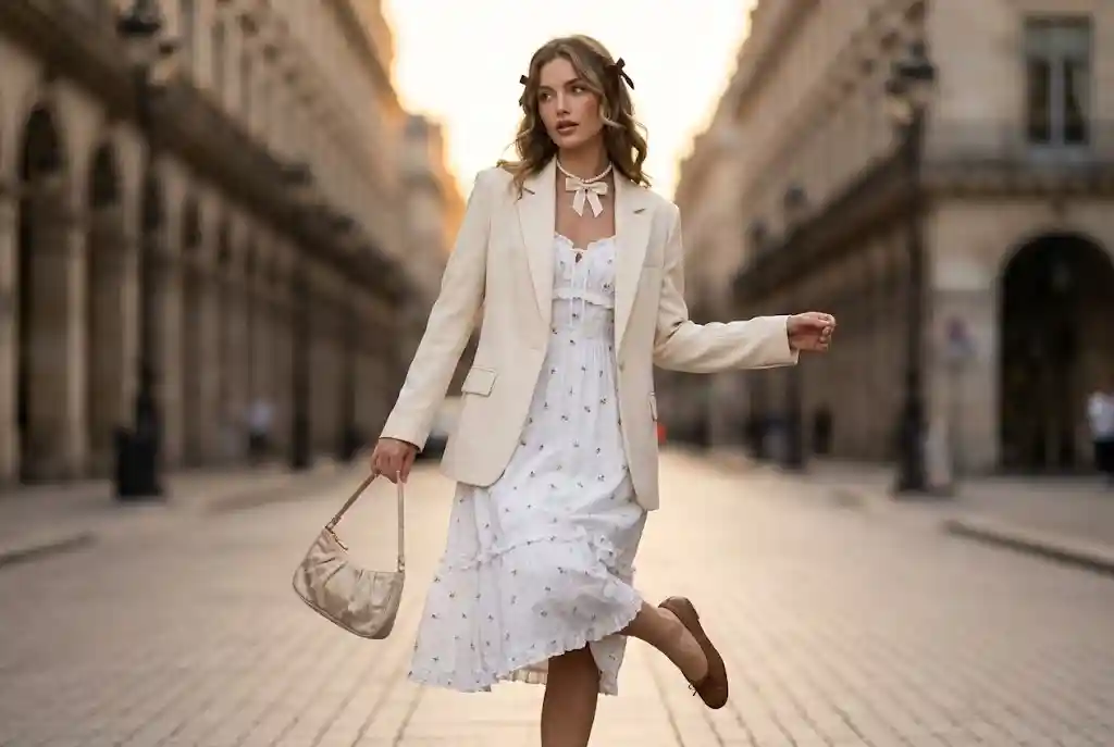 Style ubioru — przegląd wszystkich stylów w modzie Zbliżenie na kobietę w stylizacji łączącej elementy old money, cottagecore i coquette, pokazujące, jak różnorodne style ubioru mieszają się dla osiągnięcia indywidualności.