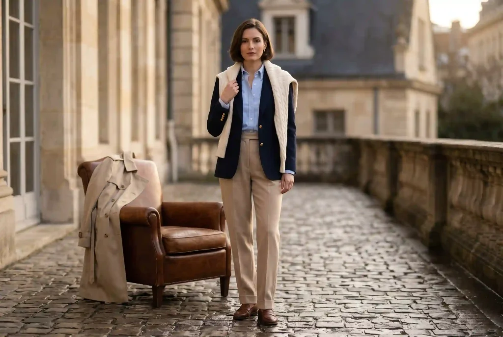 Old money style — jak się ubierać? Kompletny przewodnik Ultra-realistyczny portret modowy kobiety prezentującej kluczowe elementy garderoby w stylu old money, składającej się z granatowej marynarki z mosiężnymi guzikami, koszuli Oxford oraz kaszmirowego swetra zarzuconego na ramiona na tle zabytkowej architektury.