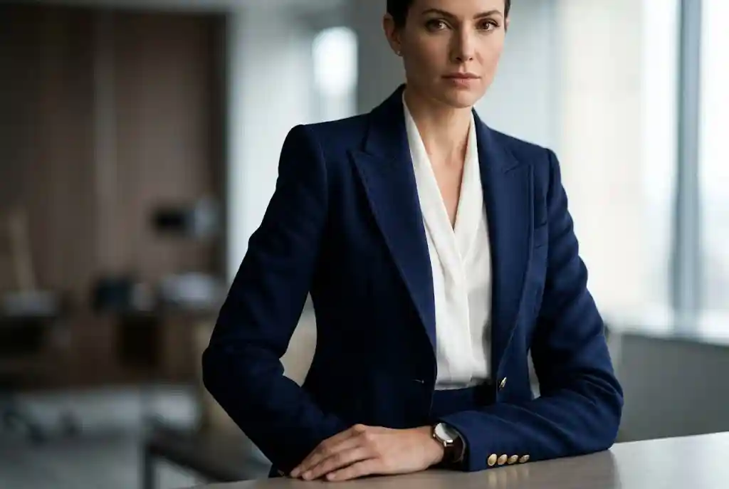 Stylizacje do pracy — co nosić do biura każdego dnia? Elegancka kobieta w strukturalnej, granatowej marynarce, która doskonale obrazuje, jak profesjonalny strój do pracy wpływa na budowanie autorytetu i pewności siebie.
