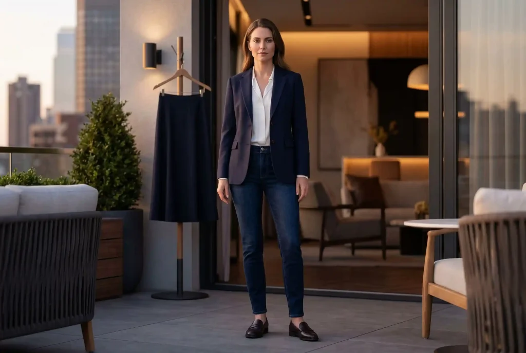 Smart casual — co to znaczy i jak nosić ten styl? Zdjęcie przedstawia kobietę w marynarce i ciemnych jeansach, co ilustruje dress code smart casual znajdujący się w hierarchii pomiędzy stylem casual a formalnym.