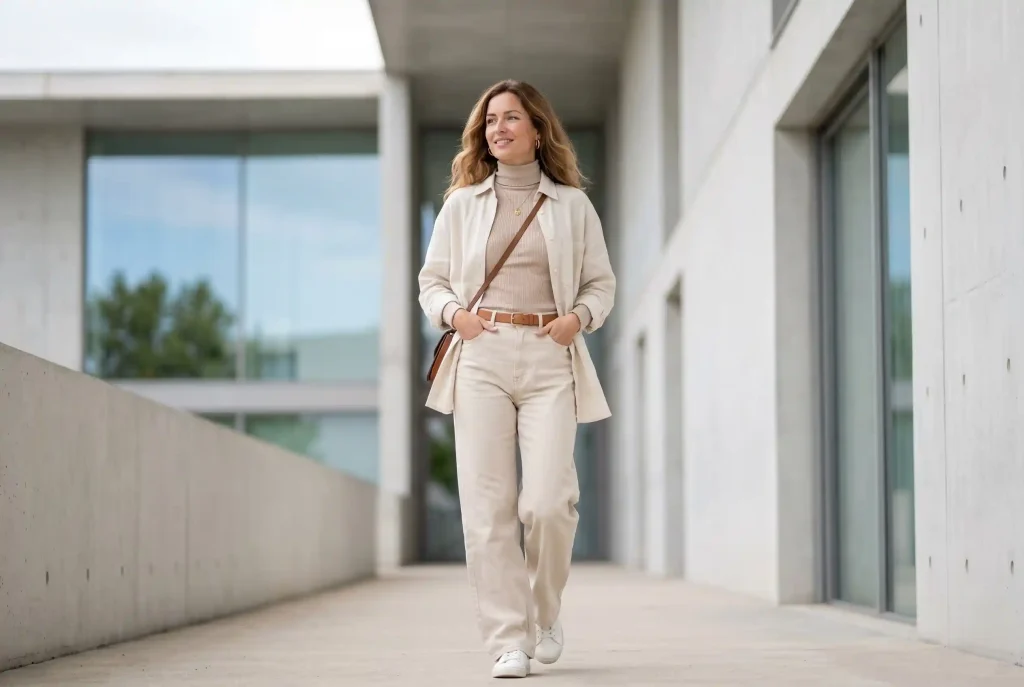 Style ubioru — przegląd wszystkich stylów w modzie Kobieta w nowoczesnym wnętrzu, ubrana w monochromatyczny zestaw ton w ton składający się z szerokich jeansów i koszuli oversize, który doskonale odzwierciedla styl minimalistyczny i założenia szafy kapsułowej.