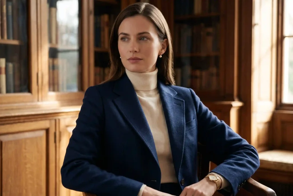 Old money style — jak się ubierać? Kompletny przewodnik Ultra-realistyczny portret eleganckiej kobiety w świetnie skrojonej navy marynarce z wełny, siedzącej w zabytkowej bibliotece, co idealnie ilustruje dyskretny luksus, powściągliwość i brak logomanii charakteryzujący styl old money.