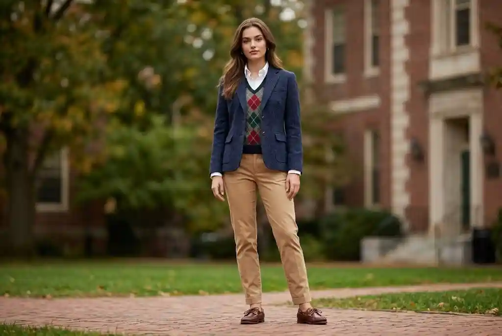 Style ubioru — przegląd wszystkich stylów w modzie Młoda kobieta w tweedowej marynarce i mokasynach na tle zabytkowego kampusu uniwersyteckiego, uosabiająca styl preppy wywodzący się z tradycji old money amerykańskich uczelni Ivy League.