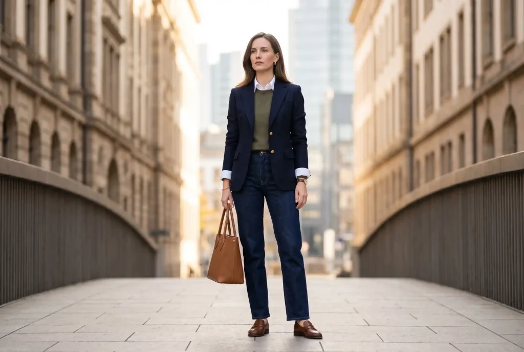 Smart casual — co to znaczy i jak nosić ten styl? Ultra-realistyczne zdjęcie modowe przedstawiające kobietę na mostku łączącą elegancką marynarkę, koszulę i ciemne jeansy, co doskonale ilustruje definicję i zasady stylu smart casual.