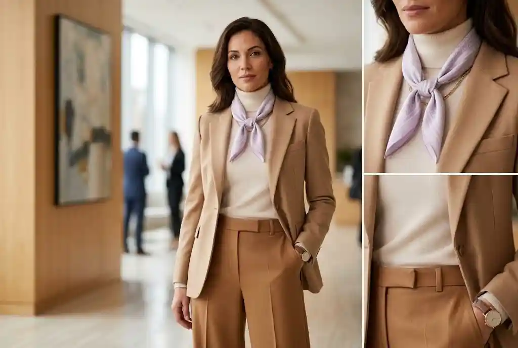 Stylizacje do pracy — co nosić do biura każdego dnia? Elegancka kobieta w biurowej, monochromatycznej stylizacji składającej się z jedwabnej bluzki i wełnianych spodni w odcieniach beżu, która doskonale ilustruje, jak naturalne tkaniny zapewniają komfort i nienaganny wizerunek.