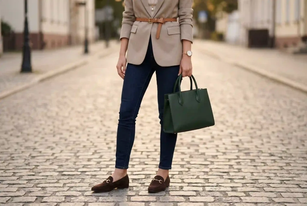 Smart casual — co to znaczy i jak nosić ten styl? Ultra-realistyczne zdjęcie modowe przedstawiające zbliżenie na zamszowe loafersy z metaliczną klamrą, strukturalną skórzaną torebkę w kolorze zielonym oraz subtelną złotą biżuterię, idealnie ilustrujące buty i dodatki pasujące do stylu smart casual.