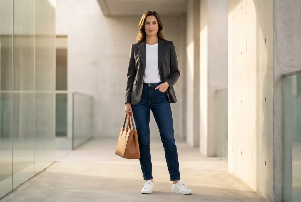 Smart casual — co to znaczy i jak nosić ten styl? Ultra-realistyczne zdjęcie modowe editorial przedstawiające kobietę w idealnie dopasowanej granatowej marynarce i ciemnych jeansach, ilustrujące złote zasady stylu smart casual: balans formalności i luzu (high-low mix) oraz nienaganną schludność (fit).