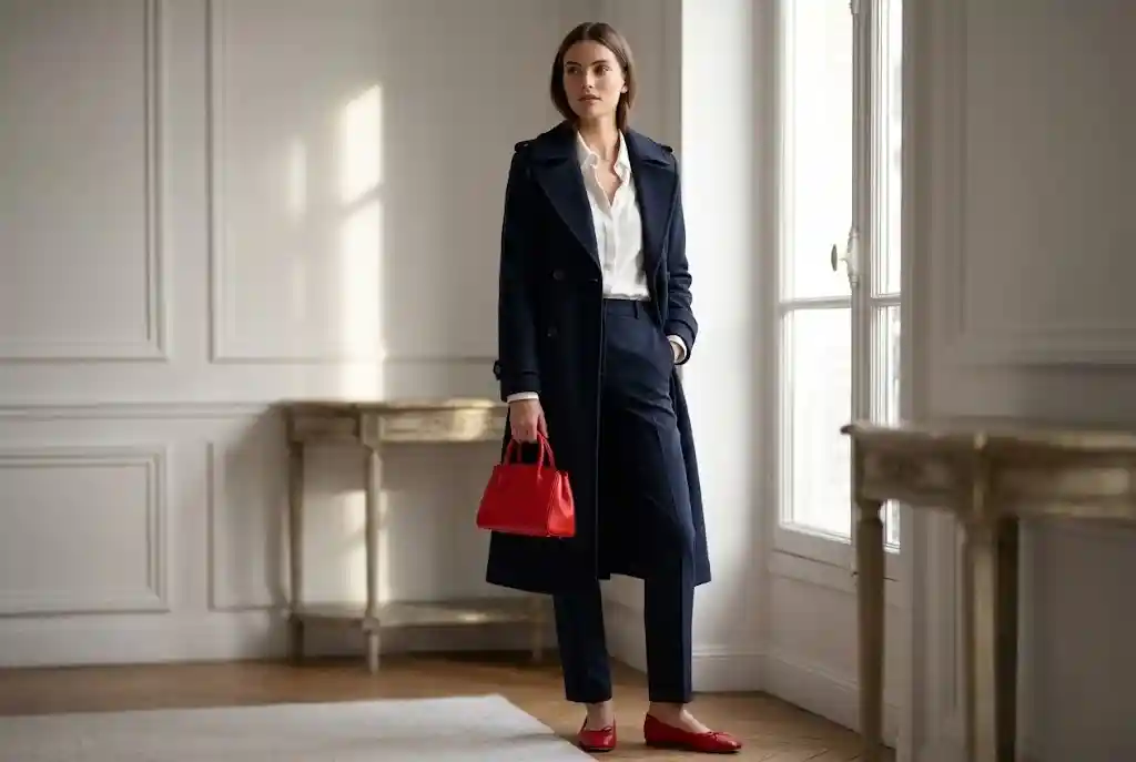 Color blocking — jak łączyć kolory kontrastowe w stylizacji? Modelka ubrana w elegancki, granatowy płaszcz, który służy jako neutralna baza, zestawiony z wyrazistą czerwoną torebką i butami, prezentując bezpieczny sposób na color blocking na co dzień.