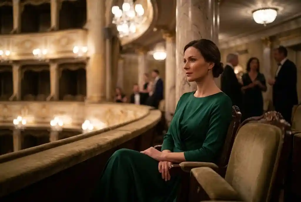Jak się ubrać do teatru — poradnik stylistki „Elegancka kobieta w ciemnozielonej sukni wieczorowej we wnętrzu klasycznego teatru, co stanowi doskonały przykład na to, jak powinien wyglądać odpowiedni strój do teatru.”