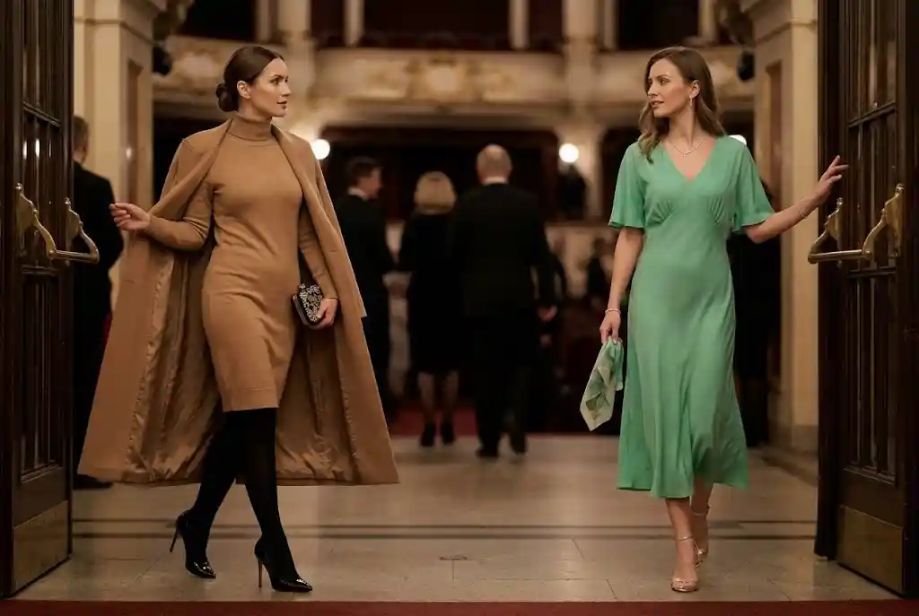 Jak się ubrać do teatru — poradnik stylistki Ultra-realistyczne zdjęcie modowe przedstawiające kontrast między eleganckim strojem do teatru zimą (wełniany płaszcz i kaszmir) a latem (zwiewny jedwab) we foyer opery.