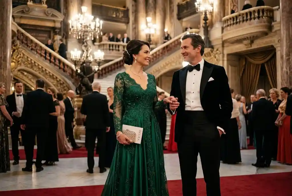Jak się ubrać do teatru — poradnik stylistki Elegancka para prezentująca formalny strój wieczorowy typu black tie – mężczyzna w klasycznym smokingu z muchą i kobieta w długiej sukni, stojący we wnętrzu opery.
