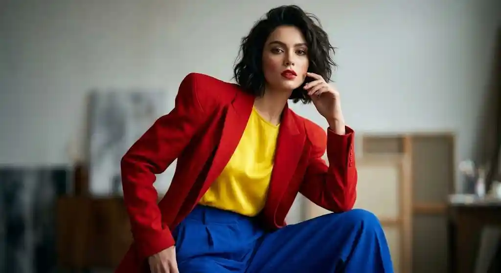 Color blocking — jak łączyć kolory kontrastowe w stylizacji? Modelka w nowoczesnej, eleganckiej stylizacji łączącej czerwień, żółć i błękit, idealnie obrazująca jak koło barw w color blockingu opiera się na trzech barwach podstawowych.